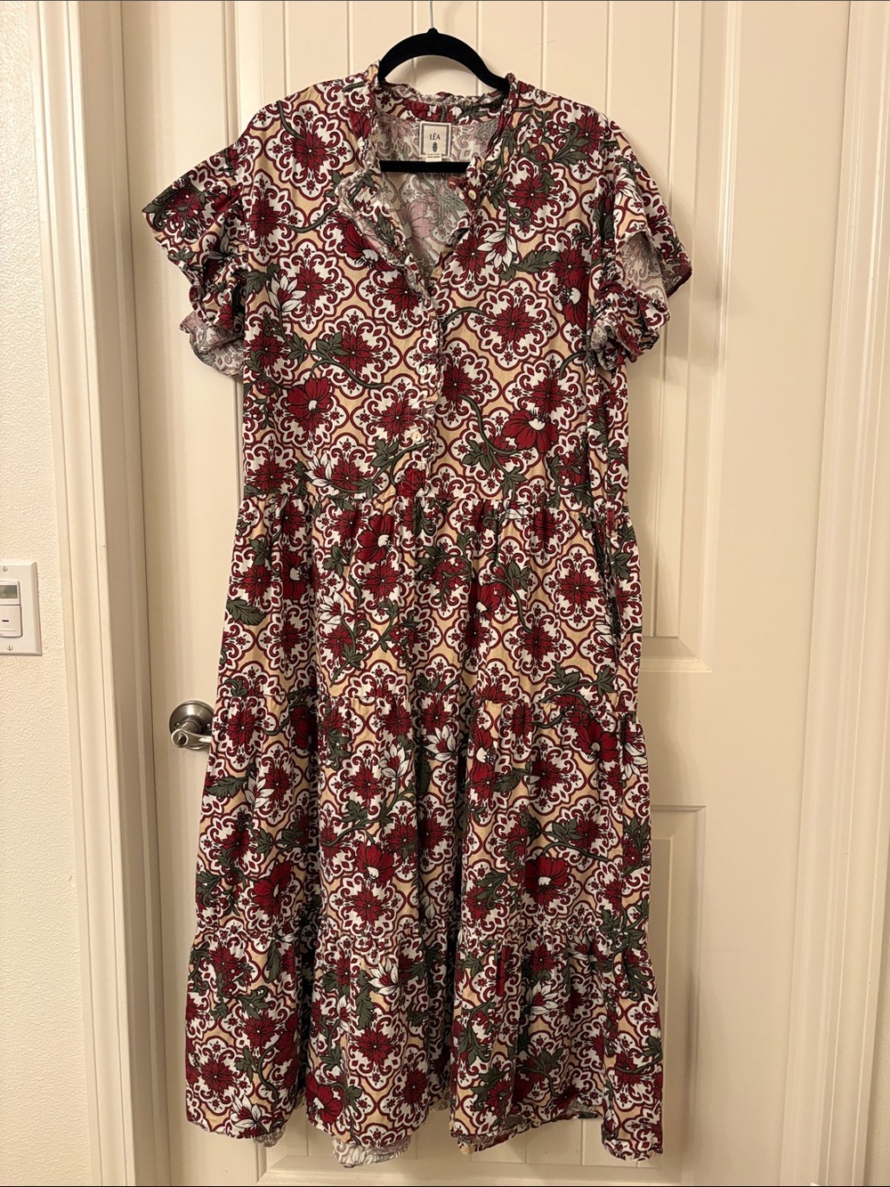 Floral Printed Red, Green, & Cream Button-Front Women's Dress